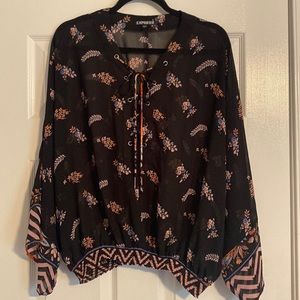 Black printed lace up blouse